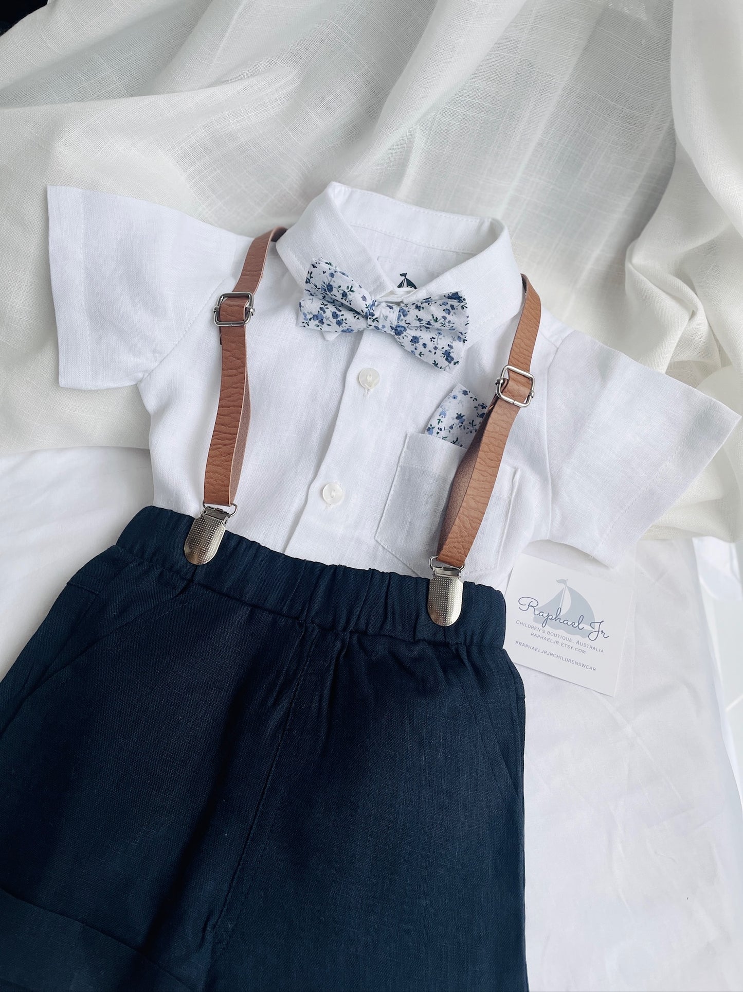 Navy blue linen summer set with vest, shorts, shirt, suspenders and bow tie plus optional jacket, embroidery, shoes and cap