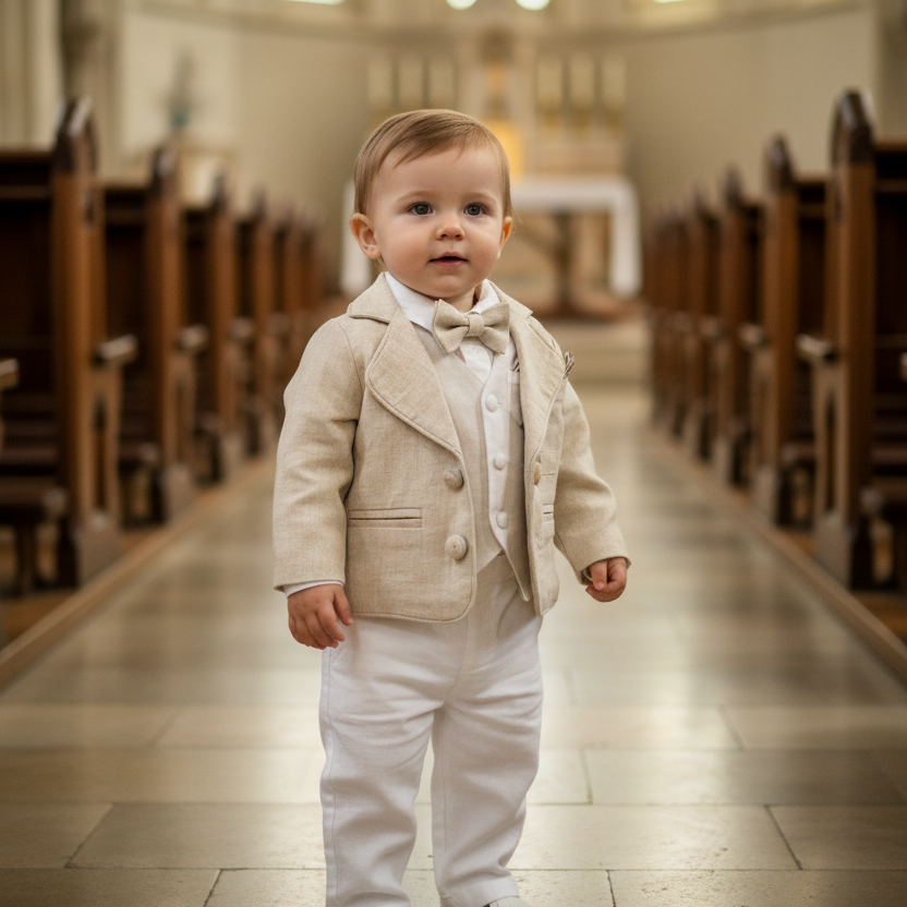 White linen vest suit with beige linen jacket and accessories