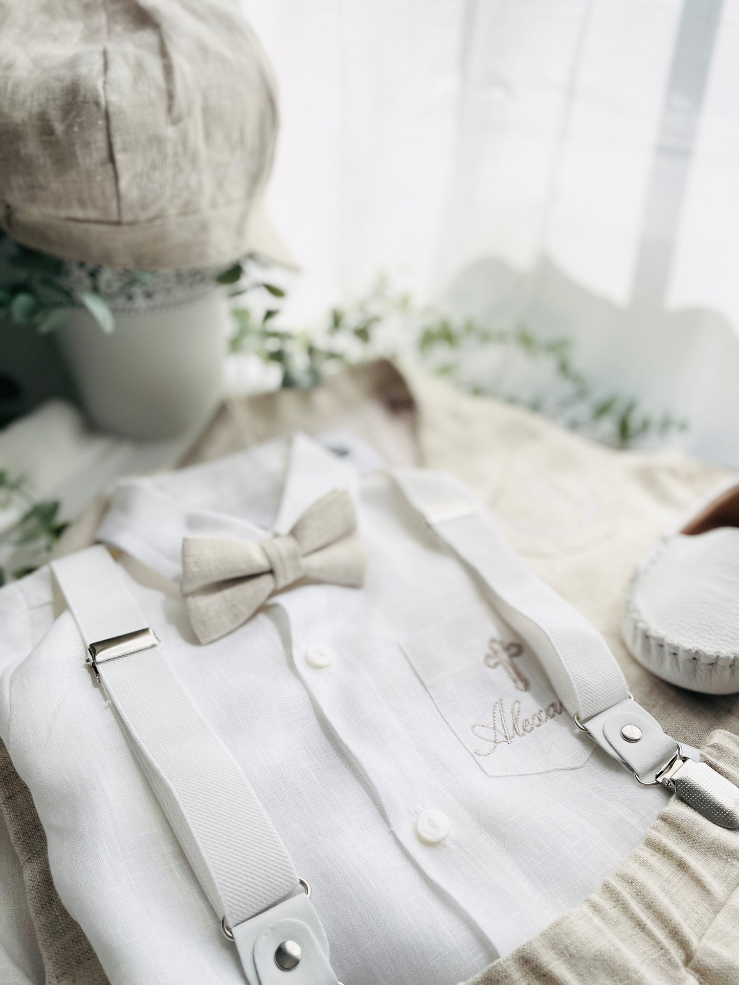 Beige linen pants and shirt set with bowtie and suspenders and optional personalisation