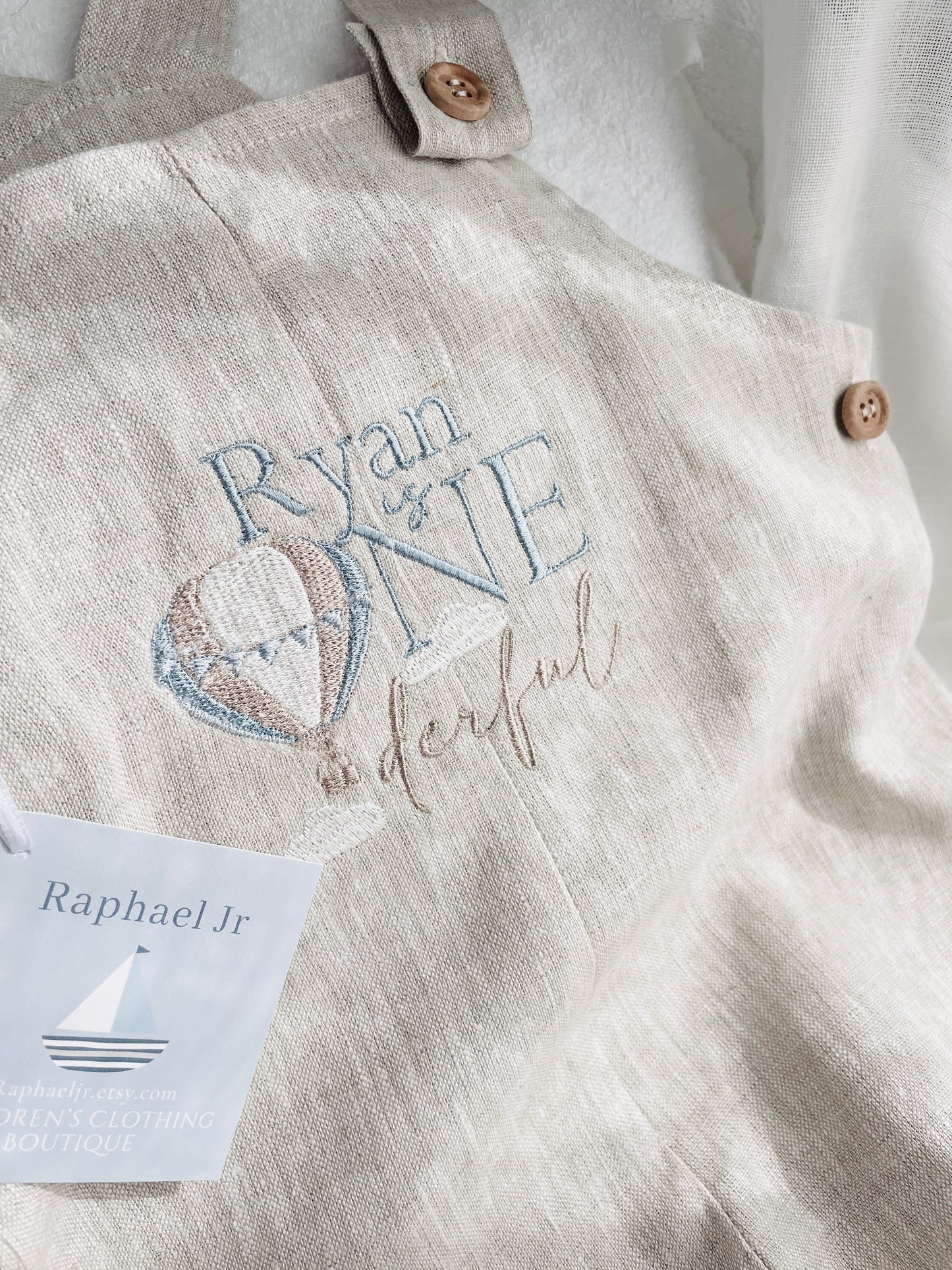 Boys Beige Linen Birthday overalls romper dungarees safari balloon fast car wild sea themes