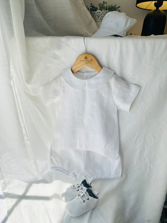 Baby and Toddler Boys white linen baptism outfit with bloomers and blouse shirt