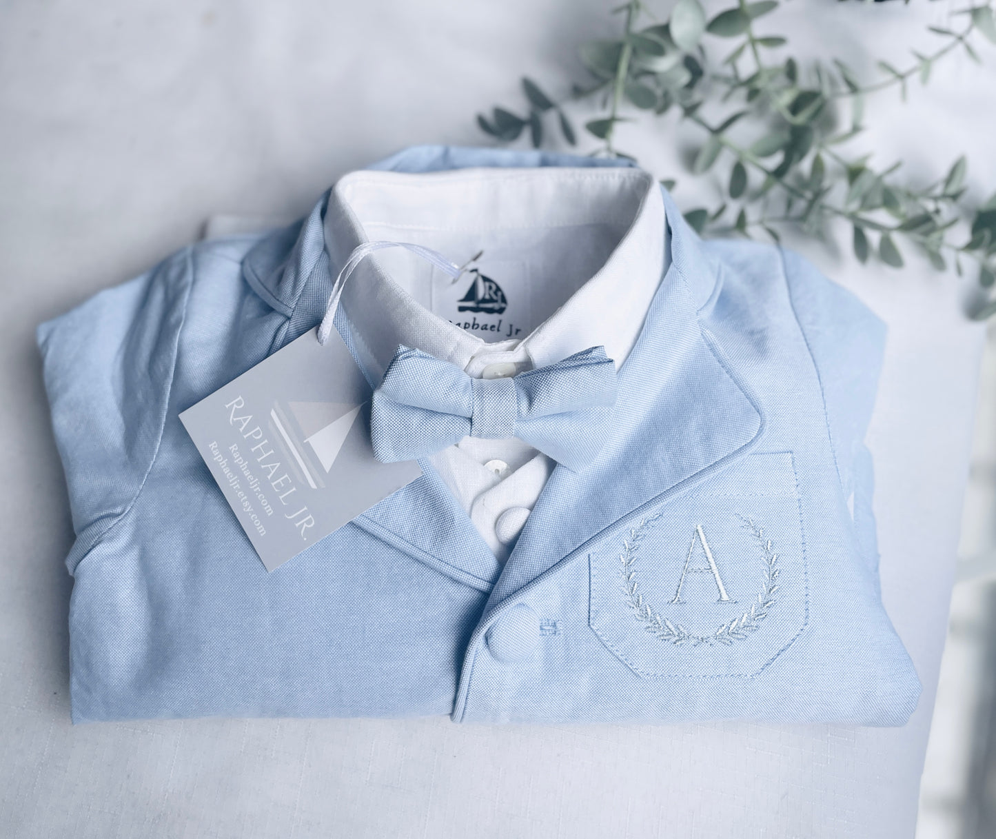 Baby and Toddler Boys pale blue chambray set with vest, pants, linen shirt, bowtie and suspenders, plus optional jacket cap and shoes