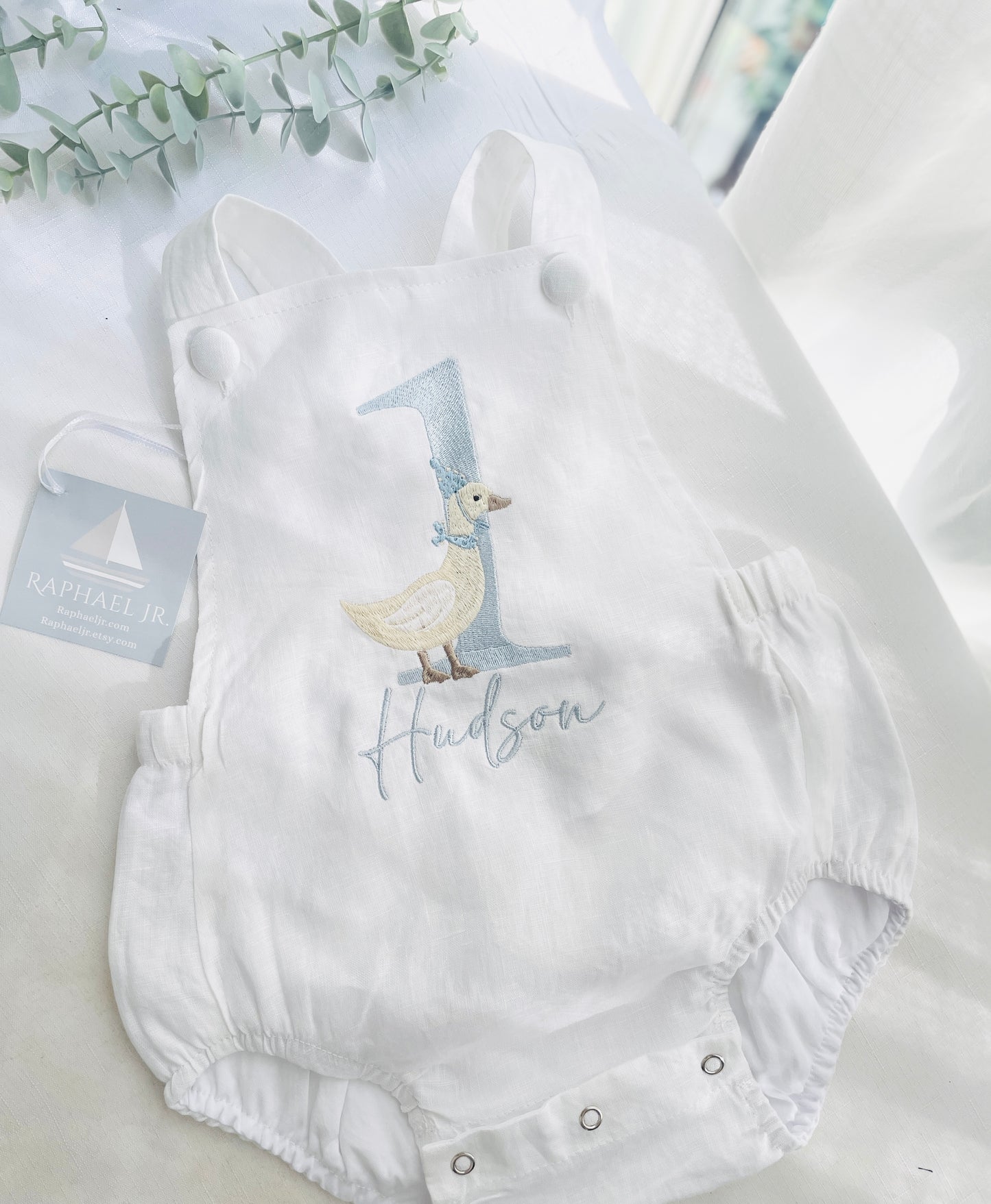 Boys White Linen romper first birthday overalls one silly goose onederful world oneder the sea and more