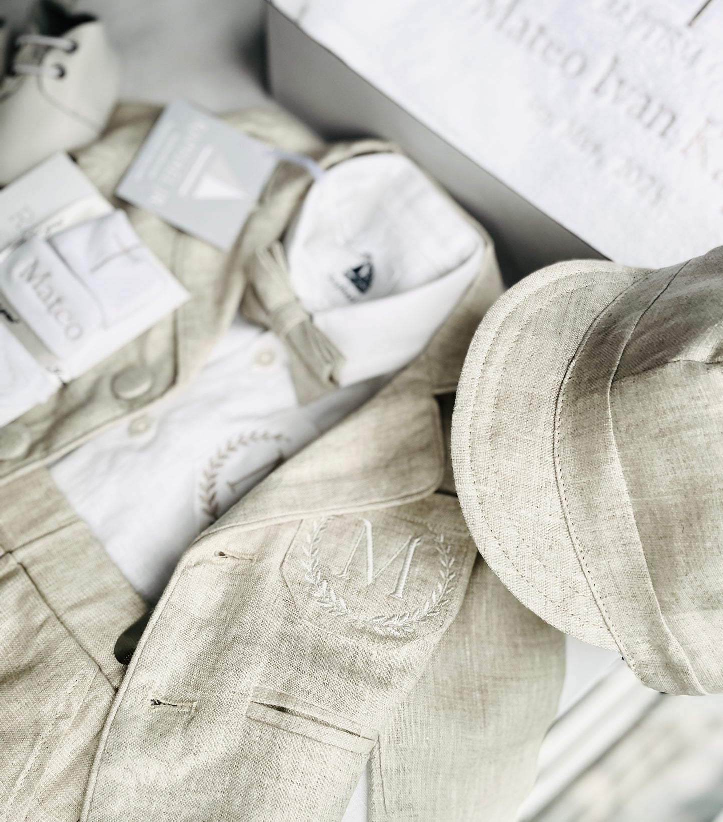 Baby and Toddler Boys white and beige linen set with vest, shirt, pants, suspenders and bowtie plus optional jacket, cap and shoes