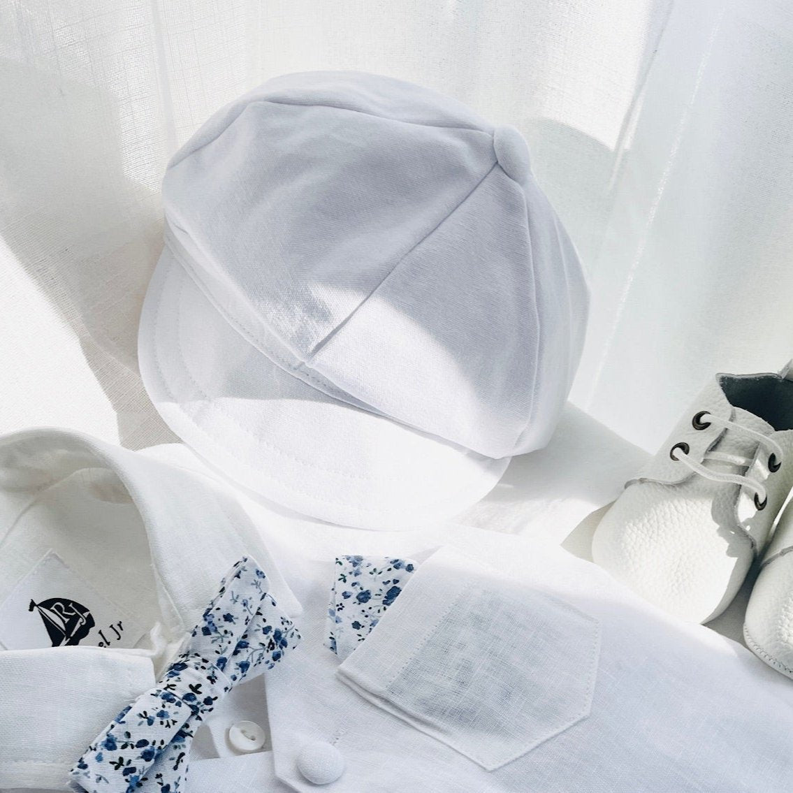 Baby and Toddler Boys white linen full length set with vest, shirt, pants, suspenders and bowtie plus optional blue blazer