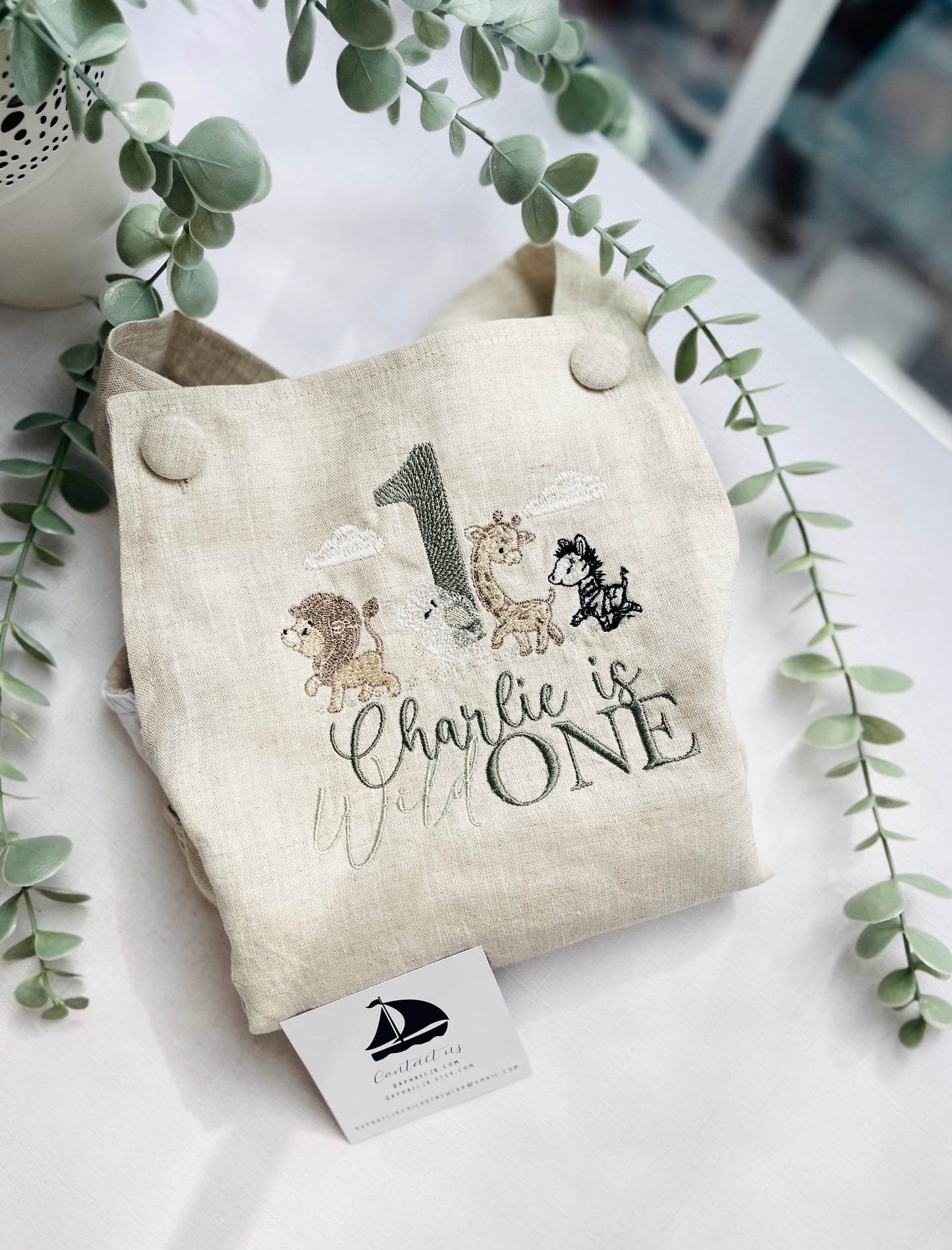 Boys Beige Linen Birthday overalls romper dungarees safari balloon fast car wild sea themes