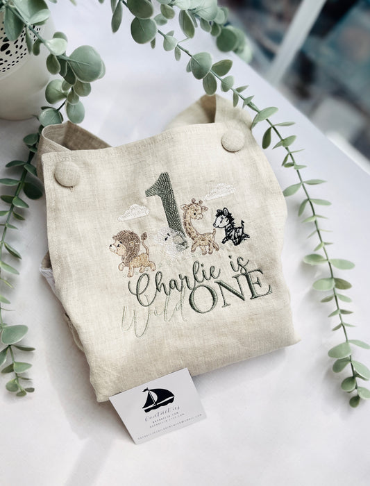 Boys Beige Linen First Birthday romper overalls wild one safari