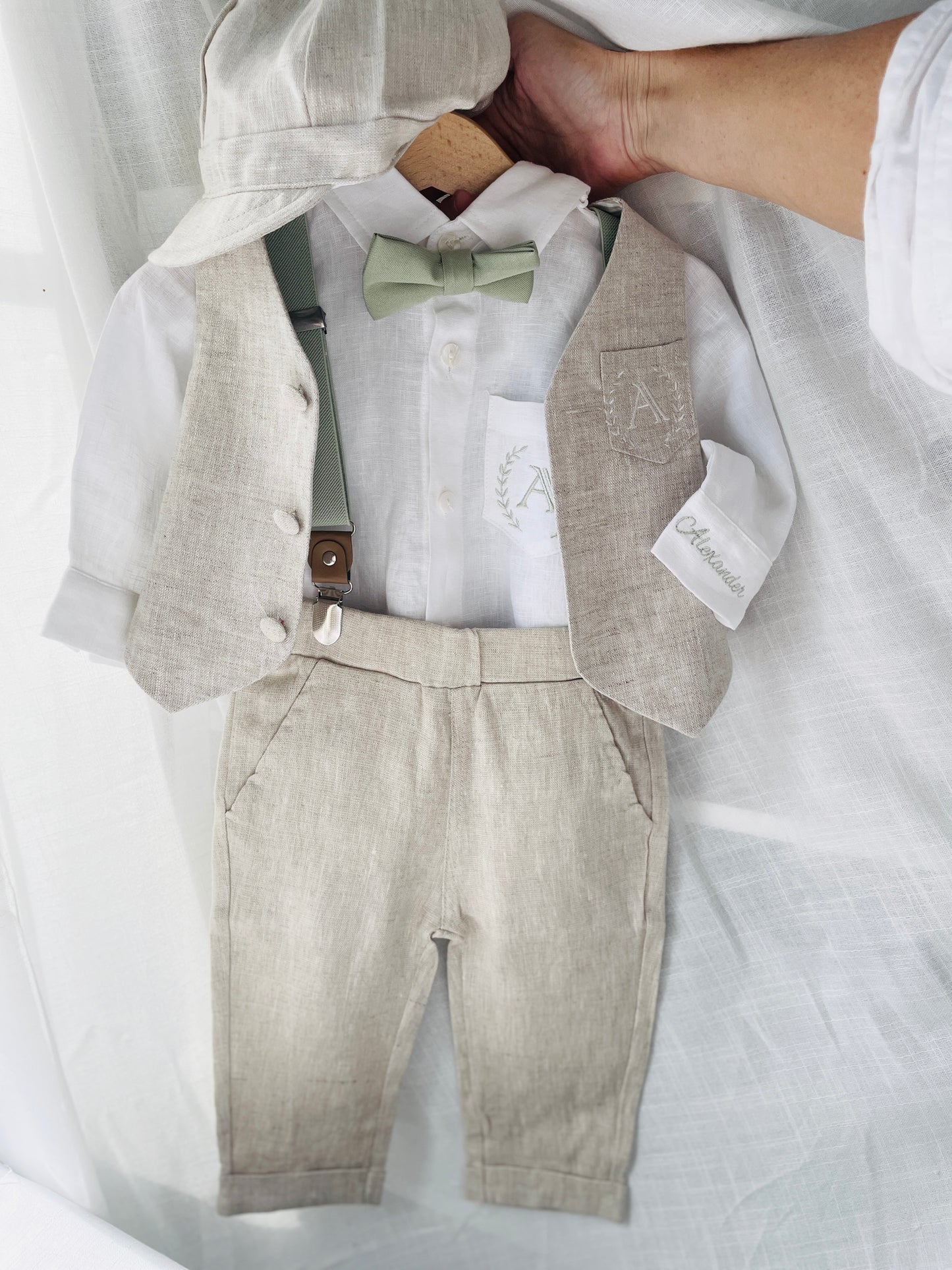 Beige linen set with vest, shirt, pants, suspenders and bowtie plus optional jacket, cap and shoes