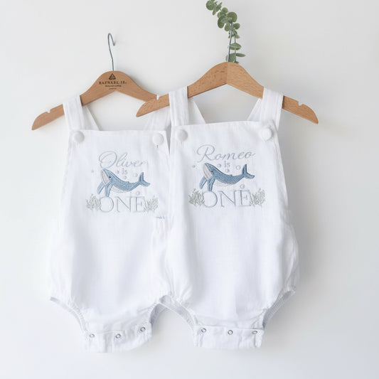 Boys White Linen First Birthday overalls romper one silly goose onederful world oneder the sea teddy car balloons and more