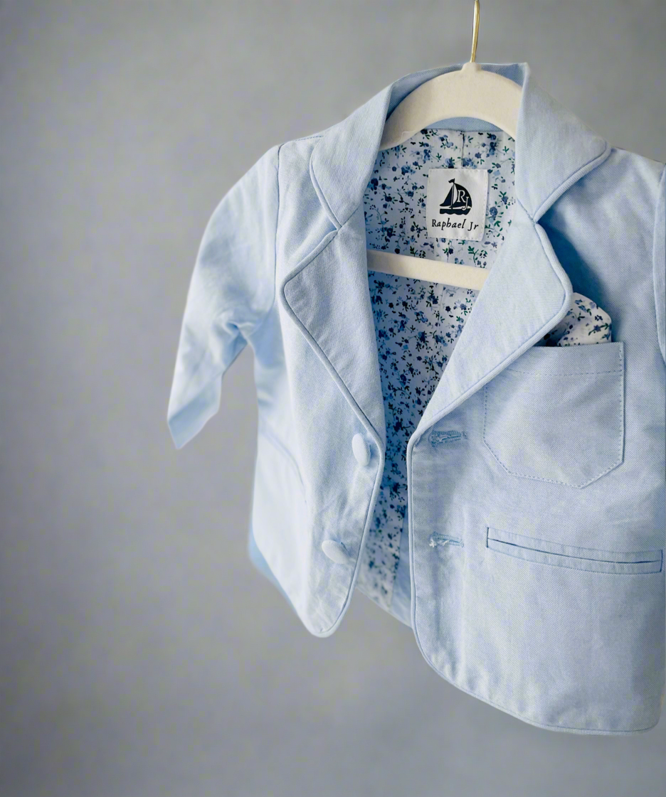 Baby and toddler boys pale blue chambray and and white linen full suit