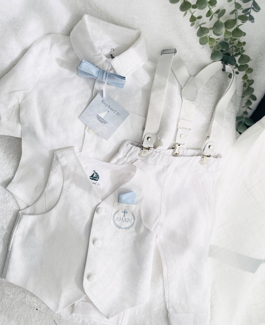 Baby and Toddler Boys white linen full length set with vest, shirt, pants, suspenders and bowtie