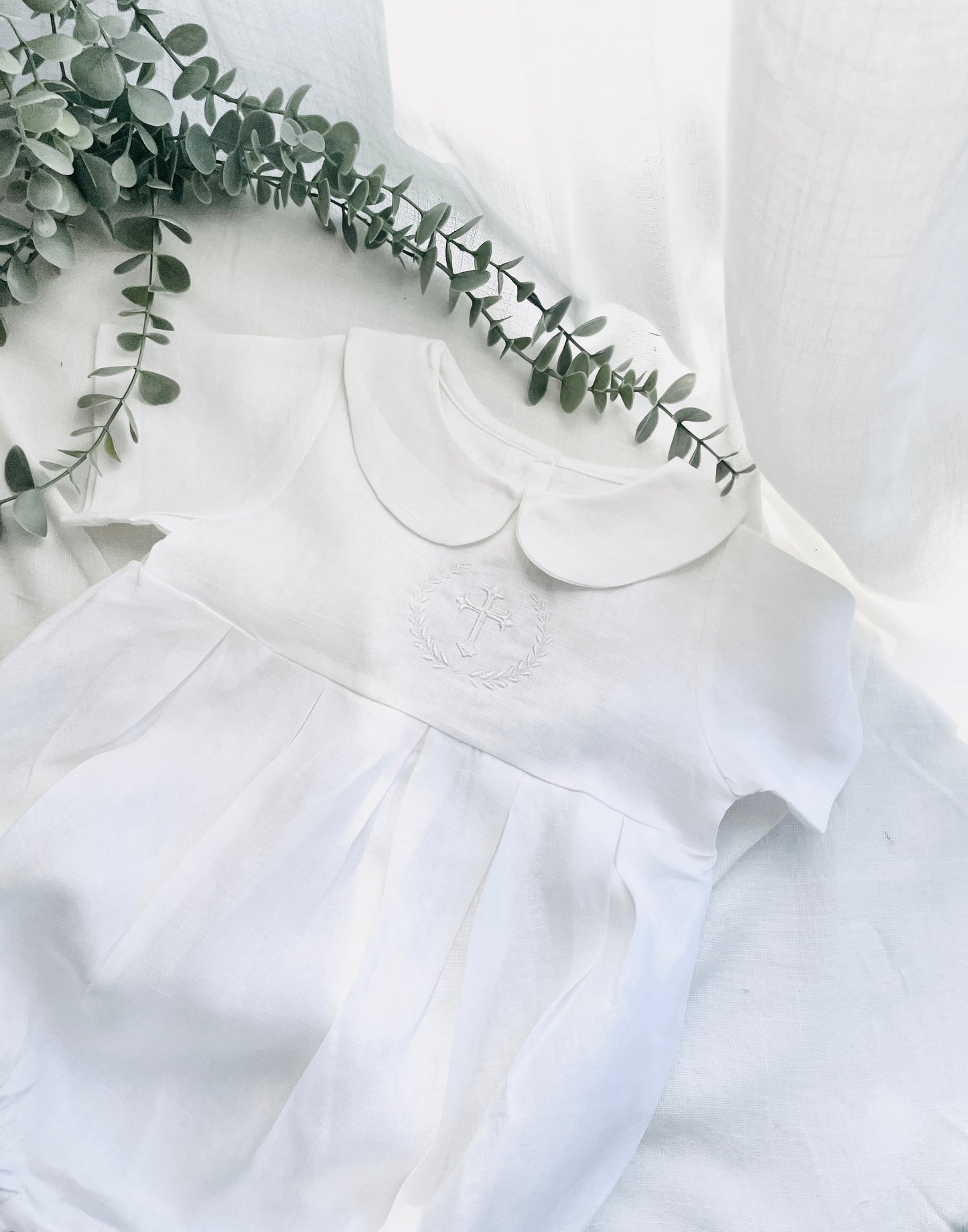 Linen Baptism peter pan collar romper outfit with optional embroidery customisation