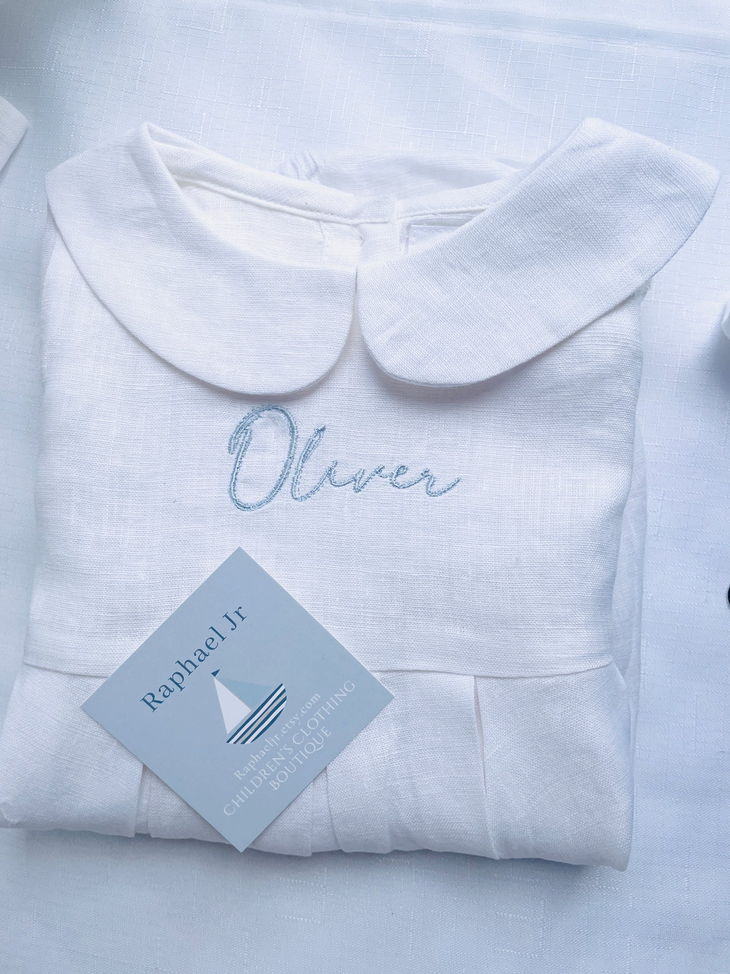 Linen Baptism romper short-all outfit with optional embroidery customisation