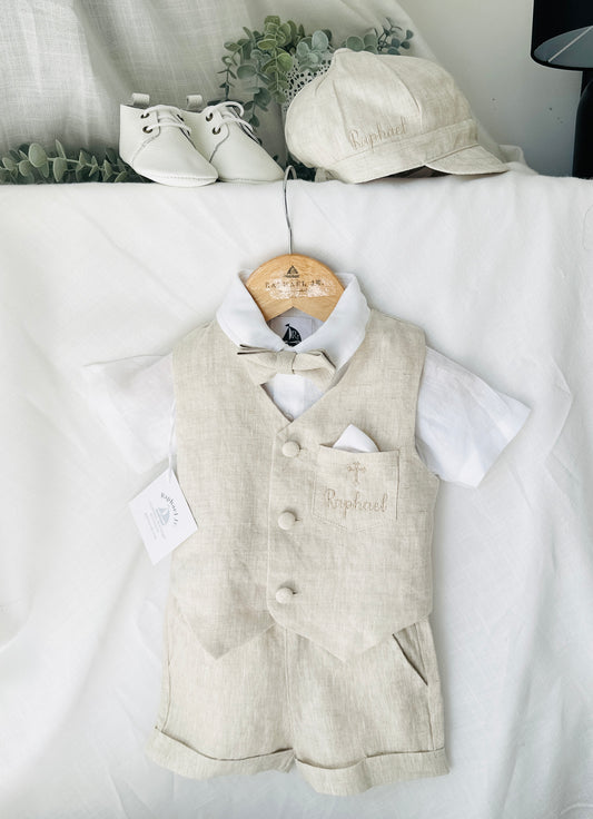 Beige Linen Shorts Shirt Suspenders and Vest set with Optional Cap Jacket and Embroidery
