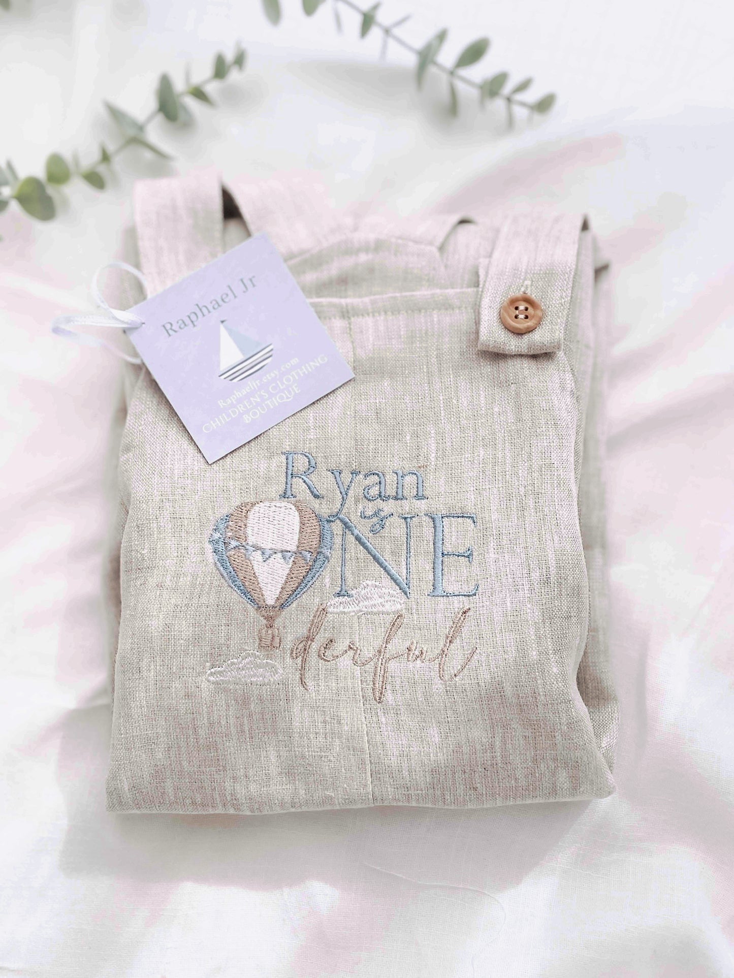 Boys Beige Linen Birthday overalls romper dungarees safari balloon wild sea themes
