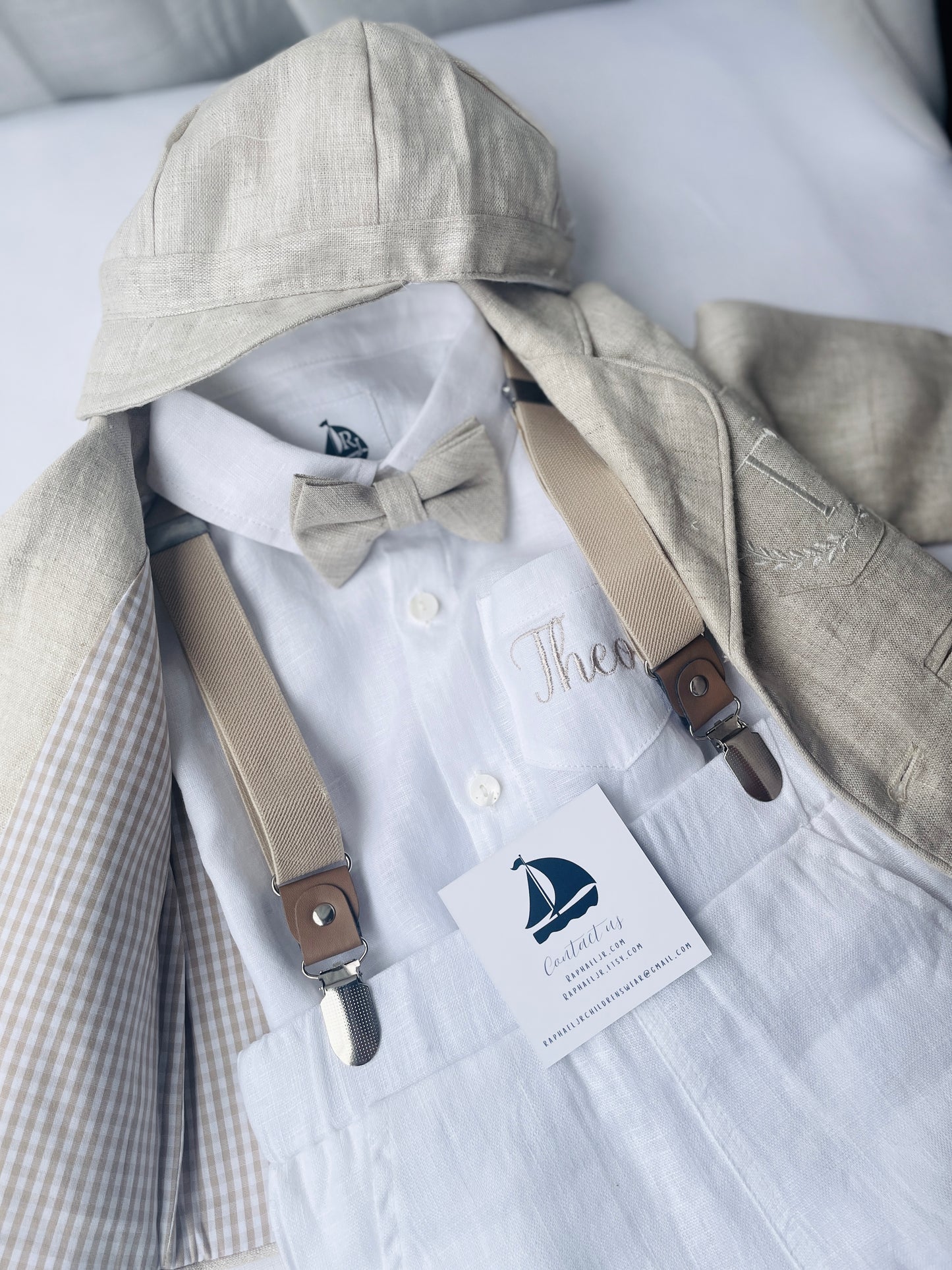 White and Beige Linen Set with optional Jacket Accessories and Embroidery Available