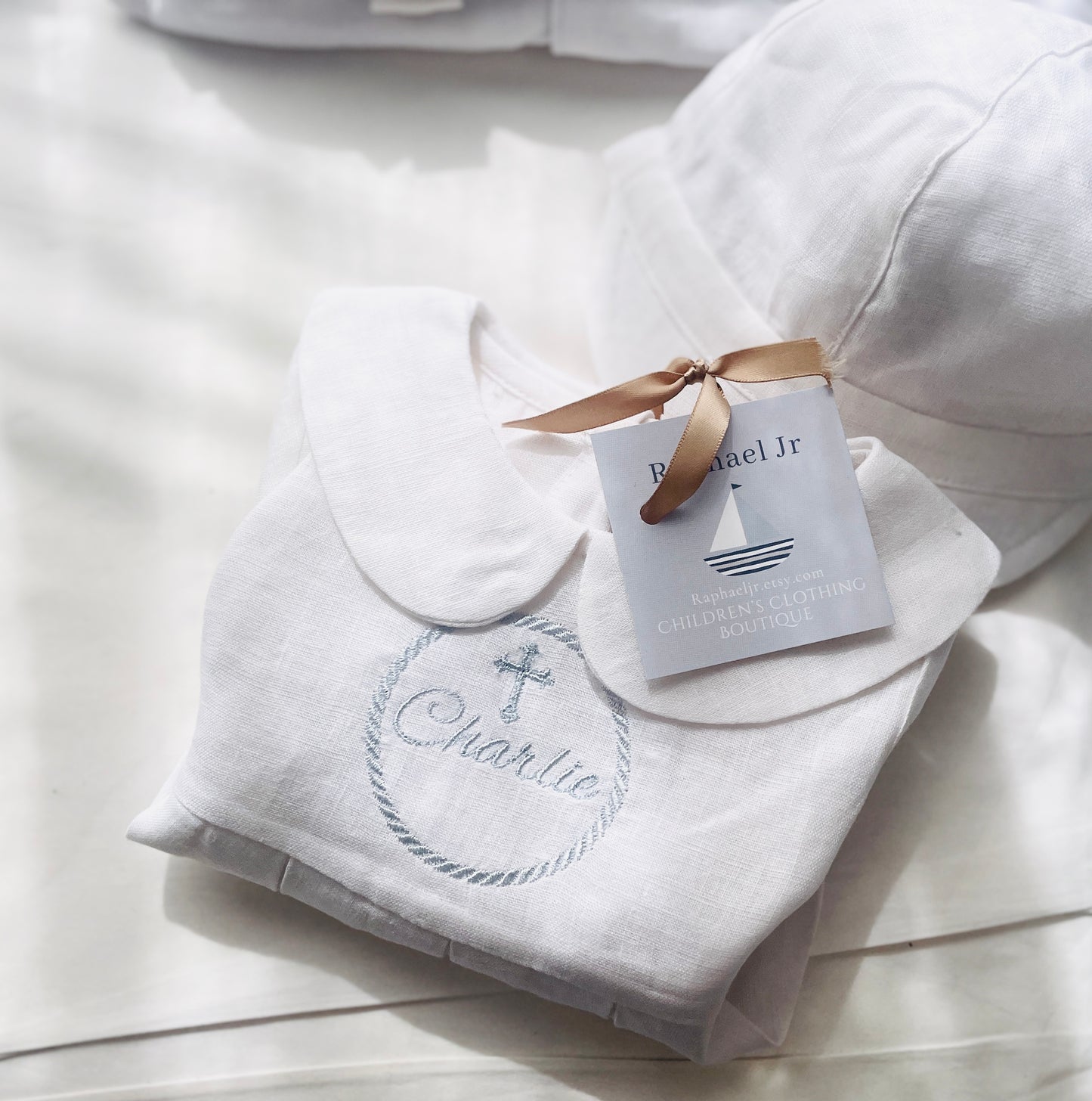 Linen Baptism romper short-all outfit with optional embroidery customisation