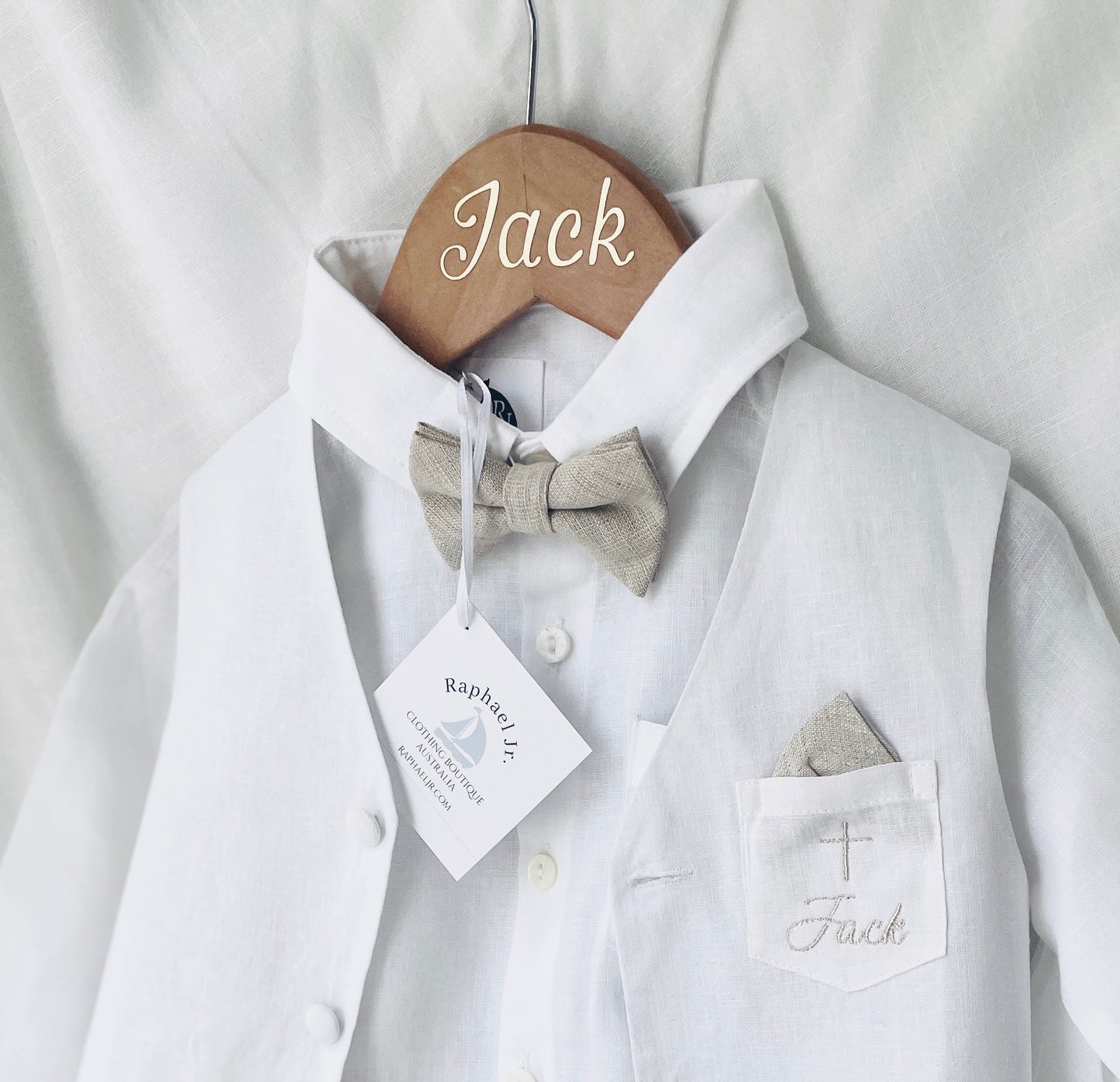 Boys white and beige linen set with vest, shirt, shorts, suspenders and bowtie