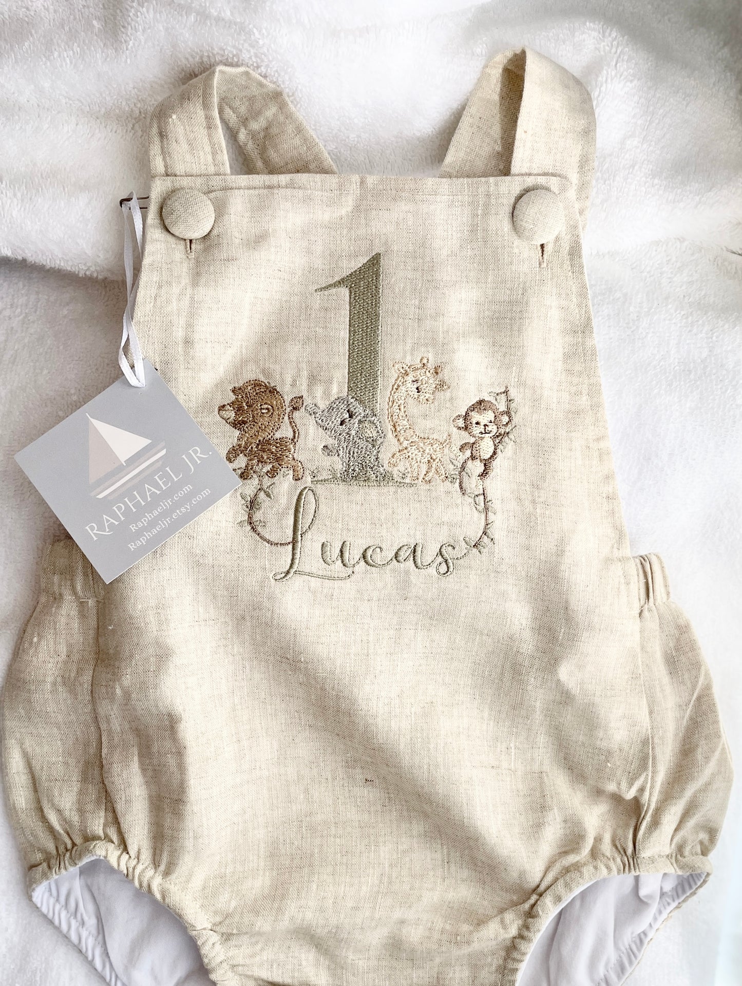 Boys Beige Linen Birthday romper overalls wild one safari