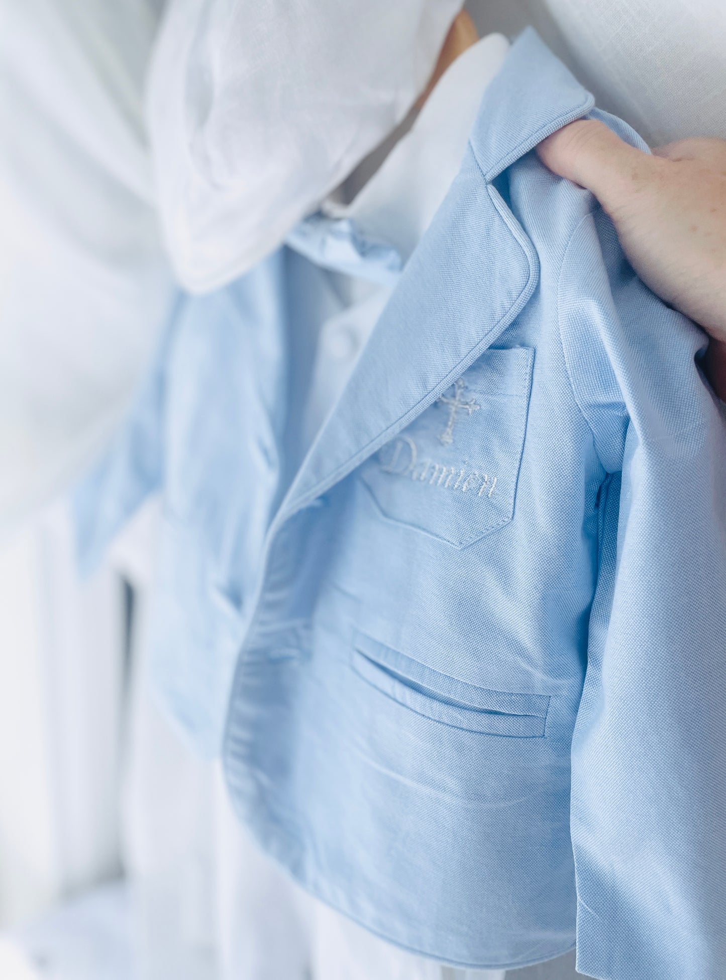 White linen Baptism Suit set with Accessories and optional Embroidery