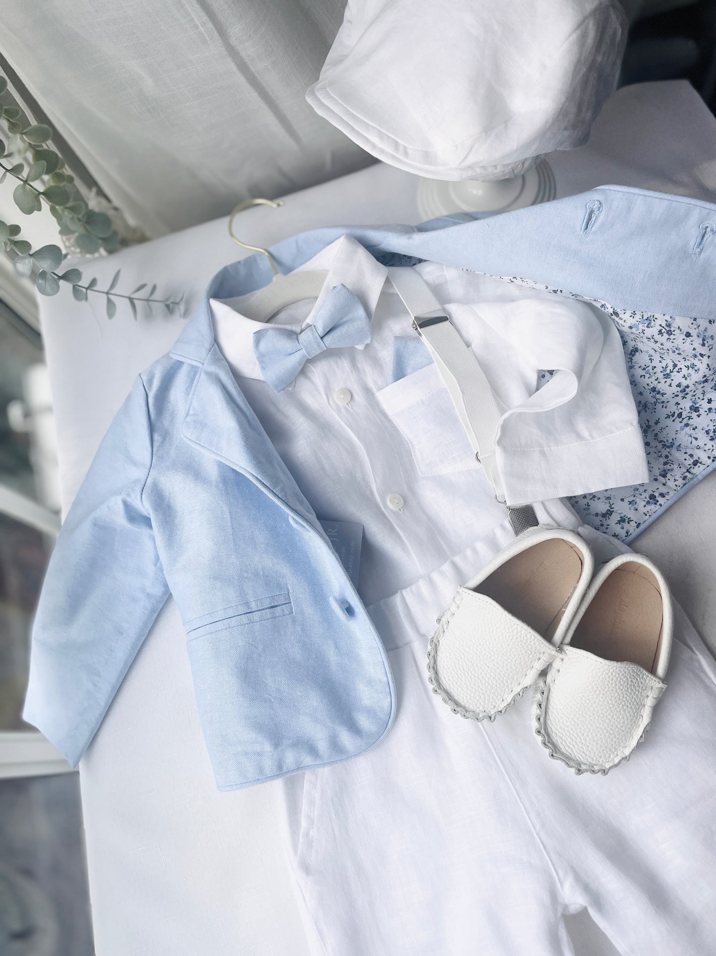 White and blue linen Baptism or Wedding Suit with Accessories and Embroidery Available