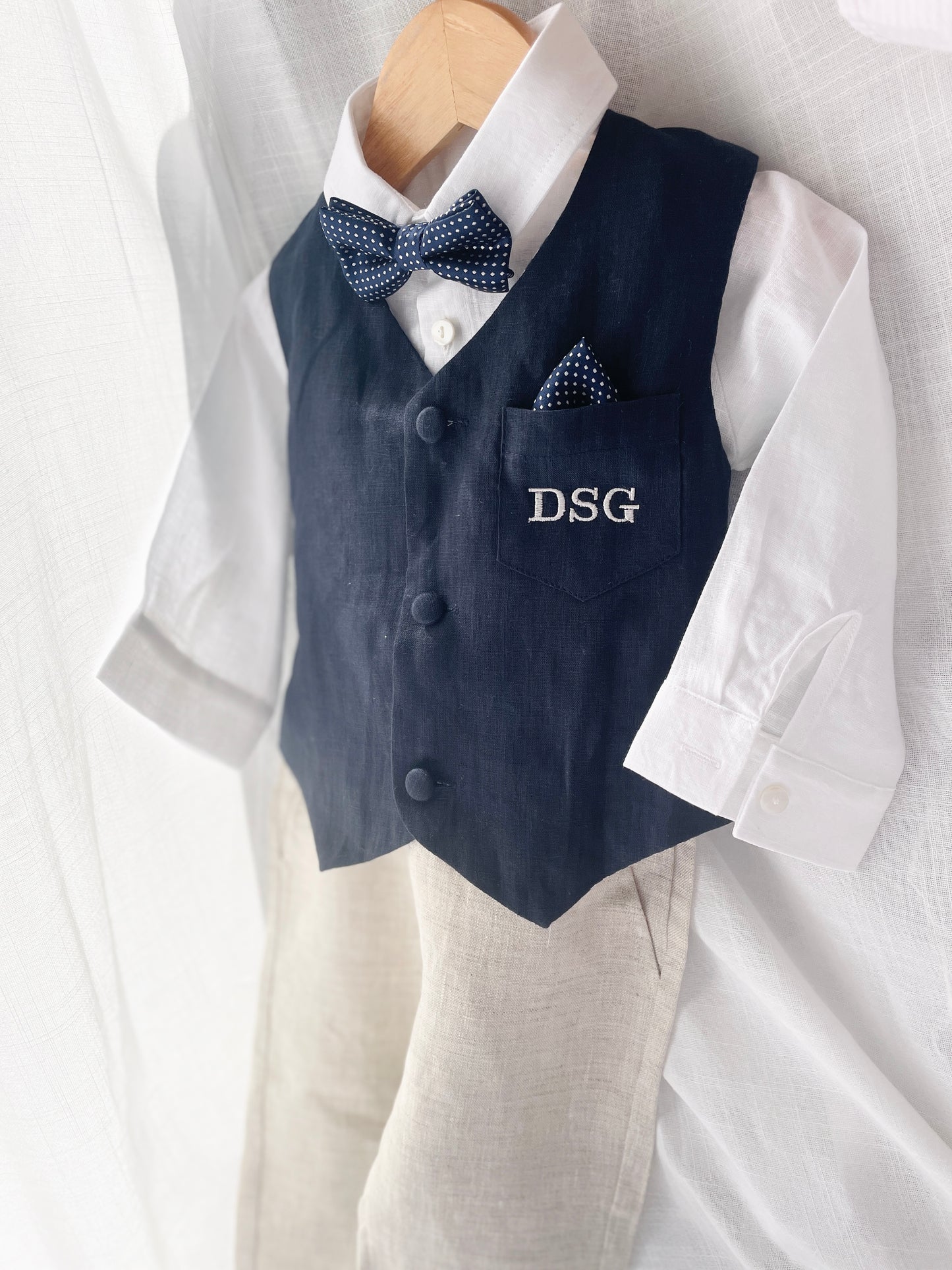 Navy blue linen suit with vest, pants, shirt, suspenders and bow tie plus optional jacket, embroidery, shoes and cap