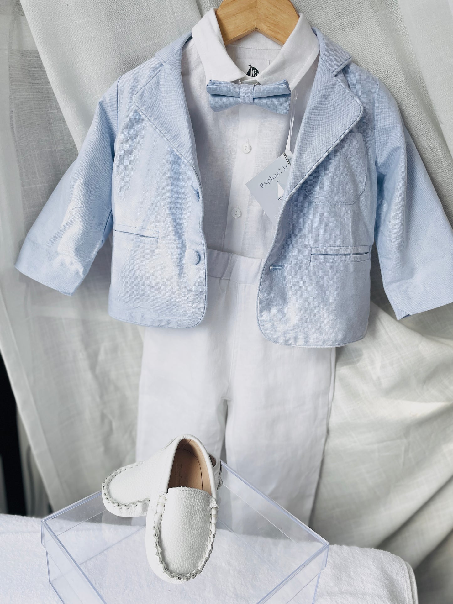 Blue chambray and white linen suit