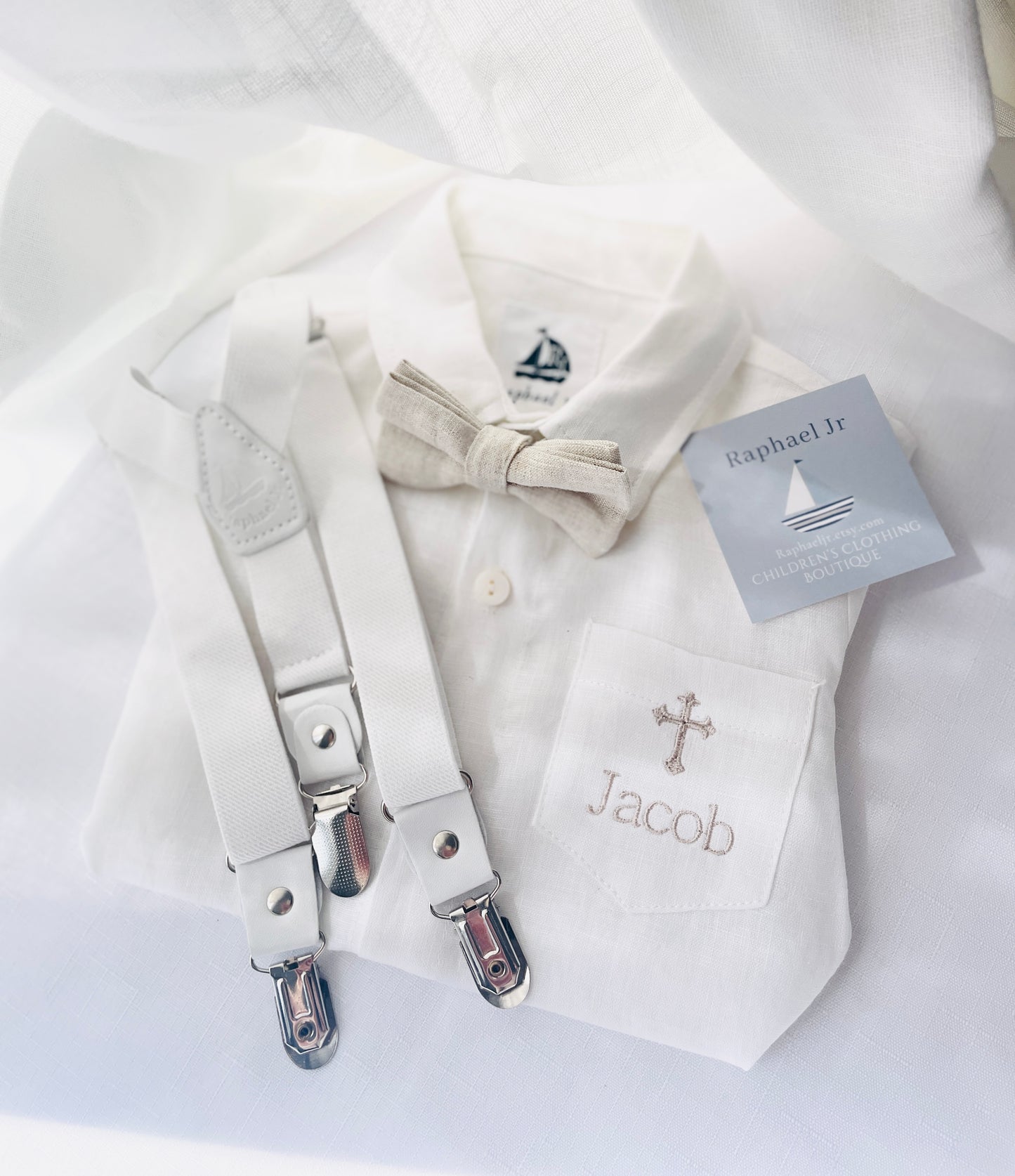 Baby and Toddler Boys white linen full length set with vest, shirt, pants, suspenders and bowtie
