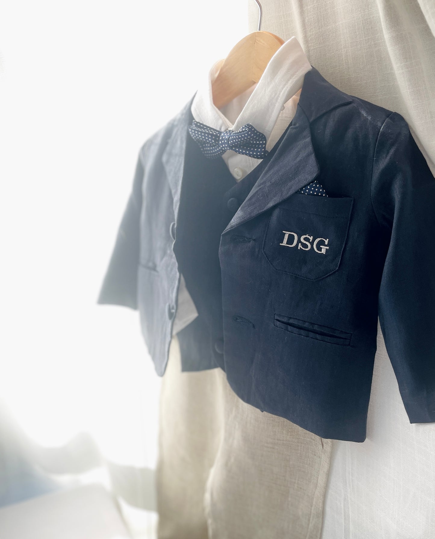 Navy blue linen suit with vest, pants, shirt, suspenders and bow tie plus optional jacket, embroidery, shoes and cap