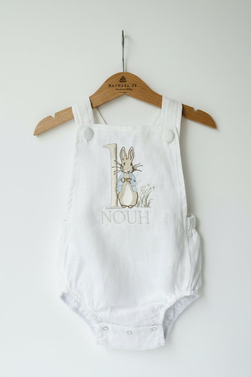 Boys Blue or white Birthday romper overalls Peter Rabbit