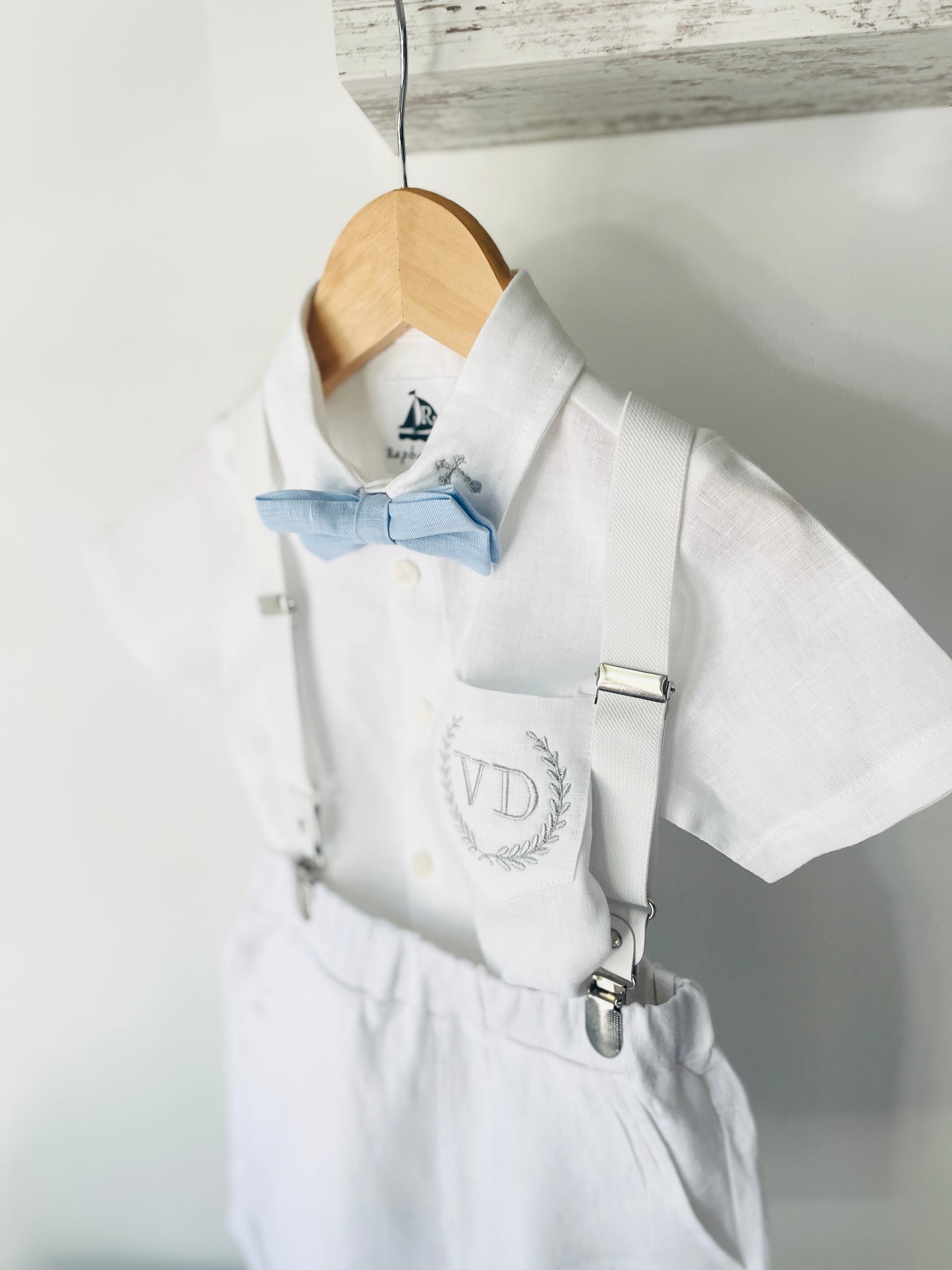 Boys white and blue linen summer baptism suit