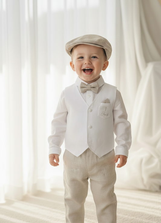 Boys white and beige linen set with vest, shirt, pants, suspenders and bowtie