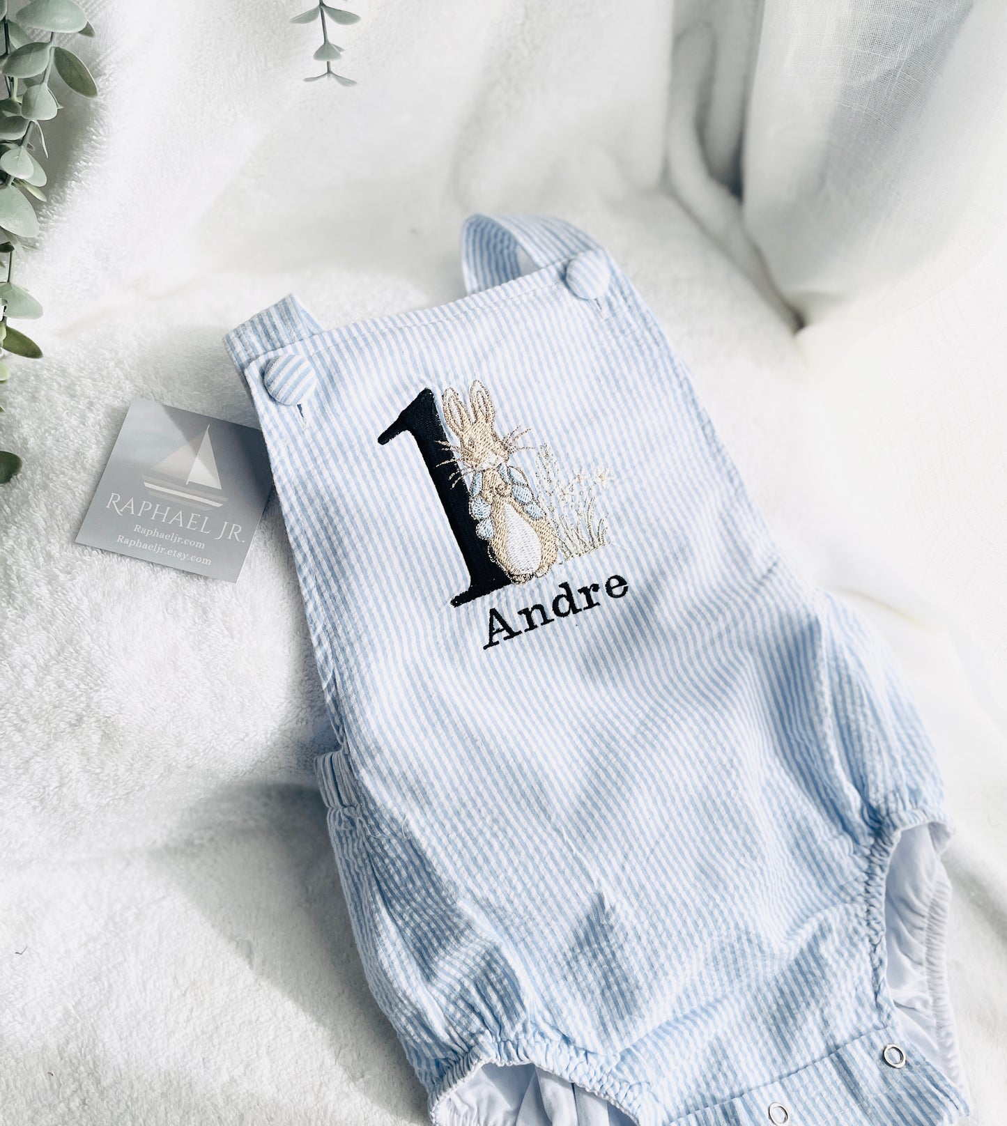 Boys Blue Seersucker Birthday romper overalls Peter Rabbit