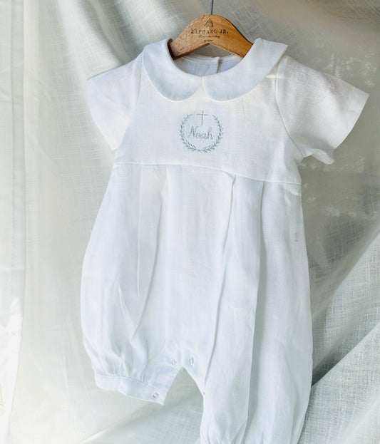 Linen Baptism 3/4 length jumpsuit romper with optional cardigan and embroidery