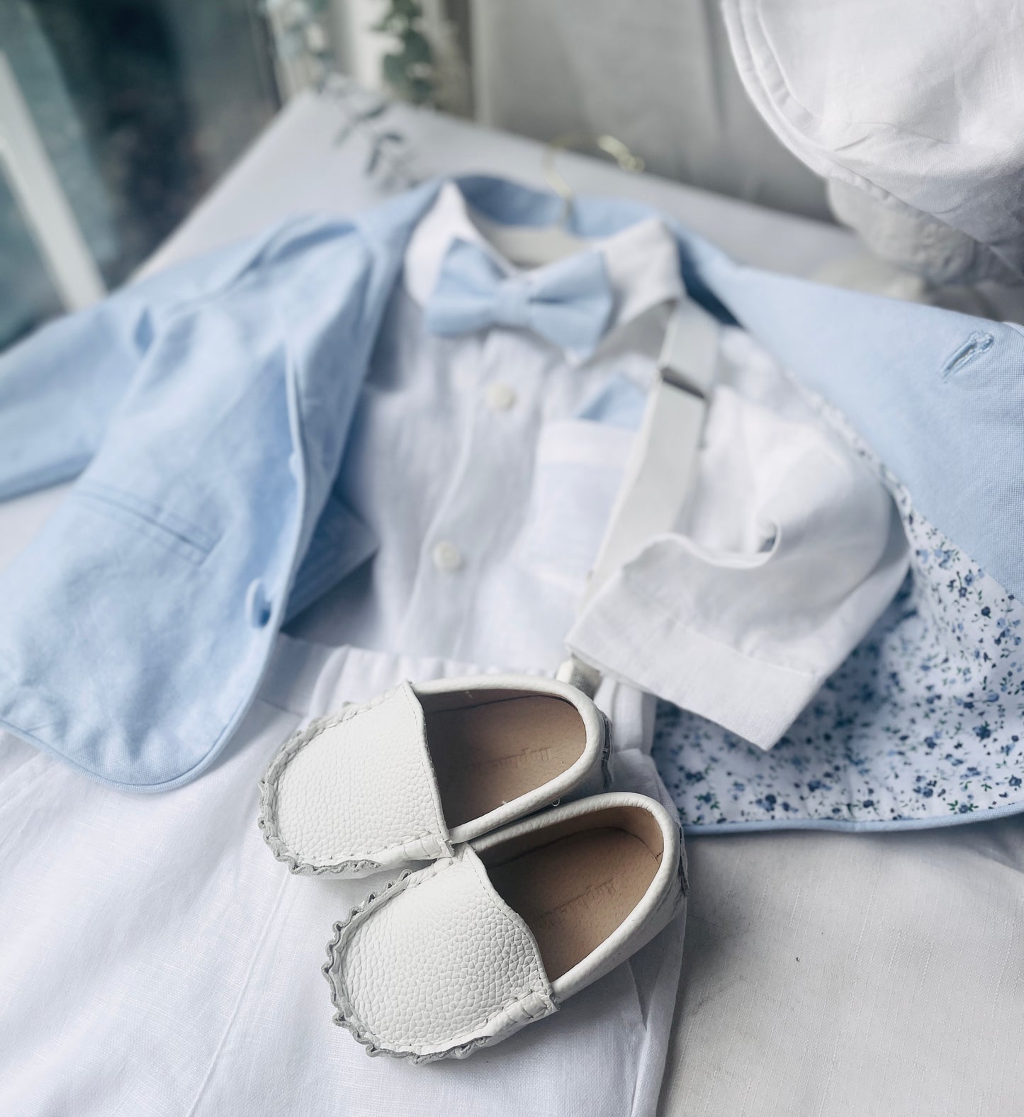 White and blue linen Baptism or Wedding Suit with Accessories and Embroidery Available