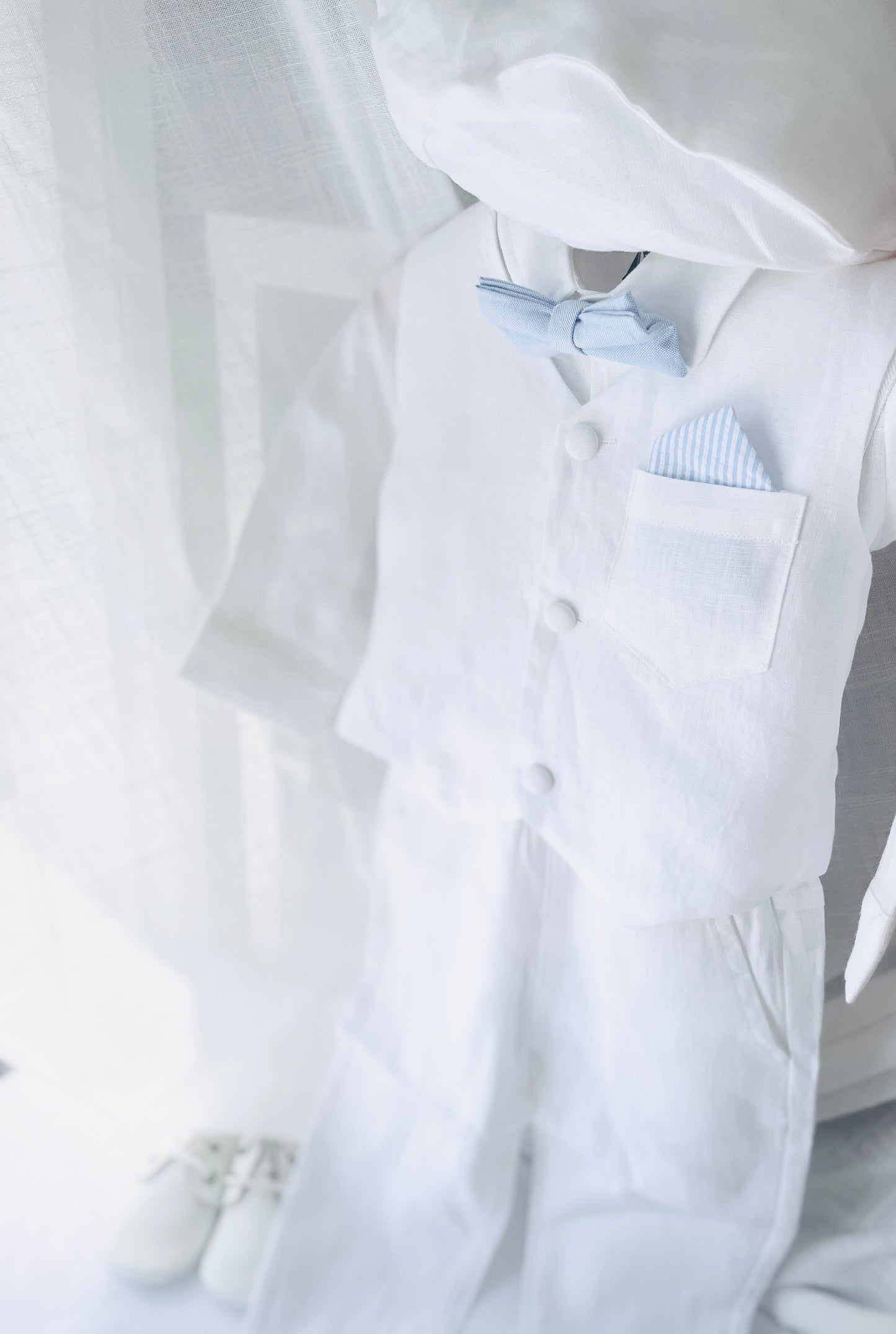 Baby and Toddler Boys white linen full length set with vest, shirt, pants, suspenders and bowtie