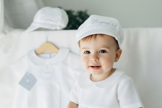 White linen baby cap for baptisms and christenings with optional embroidery