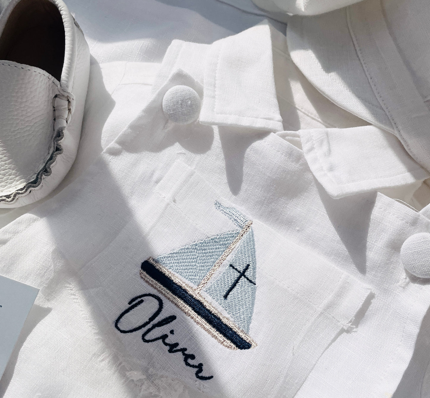 White linen Baptism romper overalls and linen shirt set