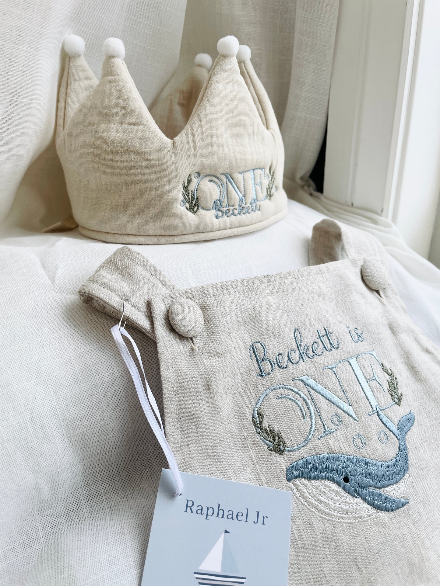 Boys Beige Linen Birthday overalls romper dungarees safari balloon fast car wild sea themes