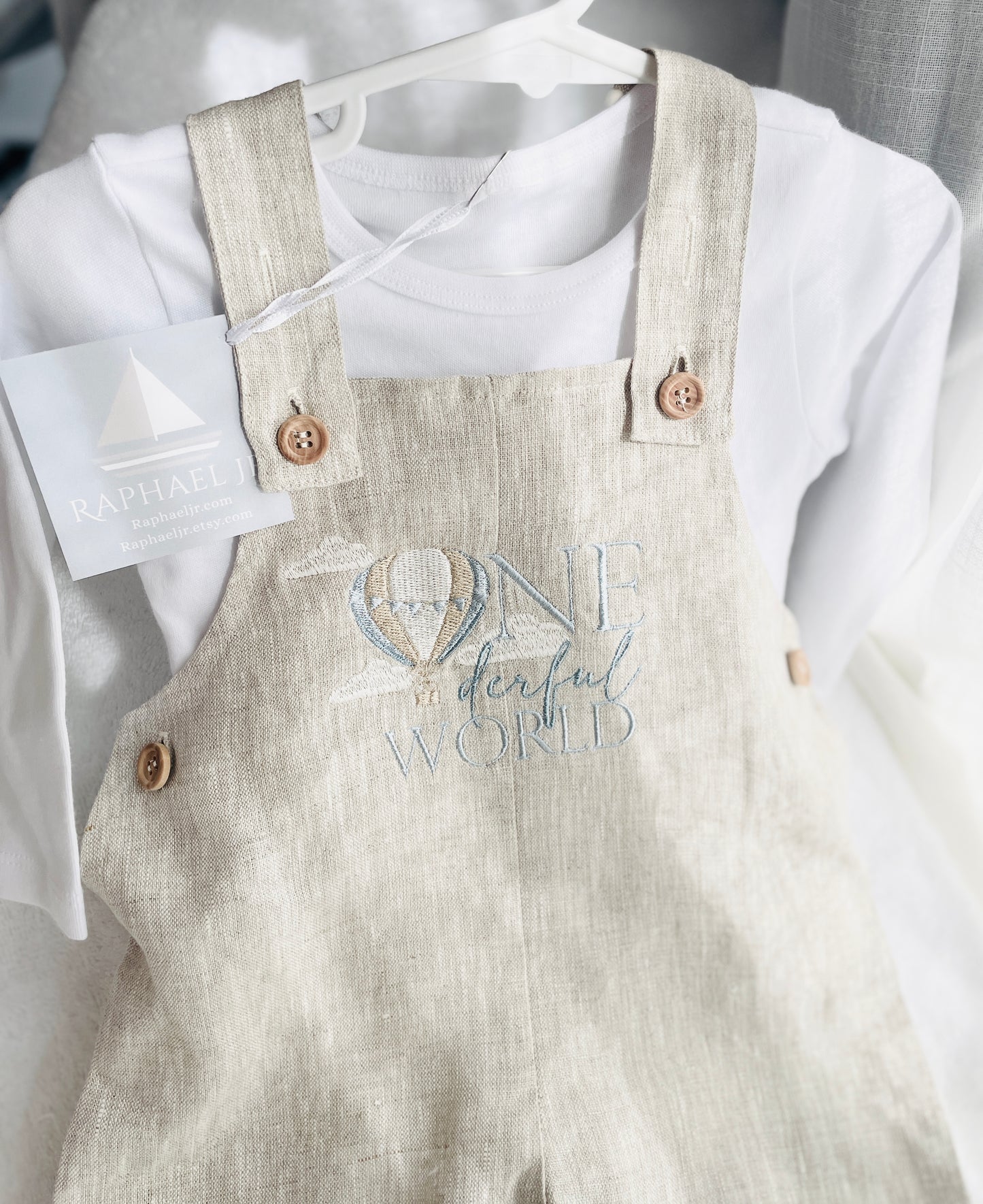 Boys Beige Linen Birthday overalls romper dungarees safari balloon wild sea themes
