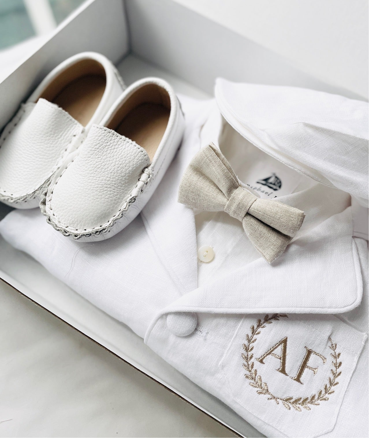 White linen Baptism suit set with pants, shirt, suspenders and bowtie plus optional extras