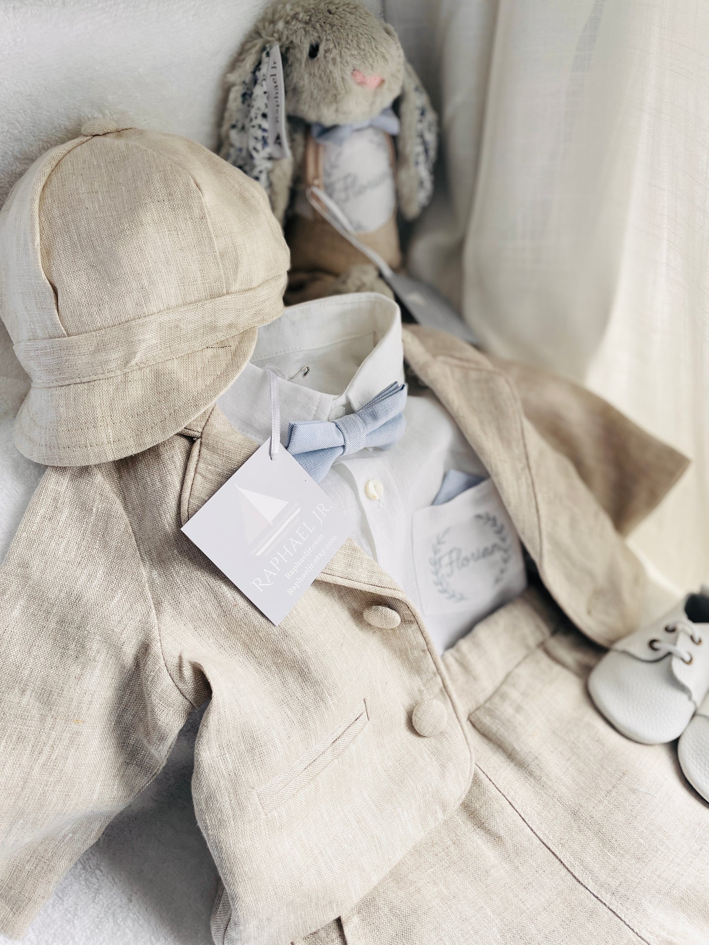 Baby and Toddler Boys white and beige linen set with vest, shirt, pants, suspenders and bowtie plus optional jacket, cap and shoes