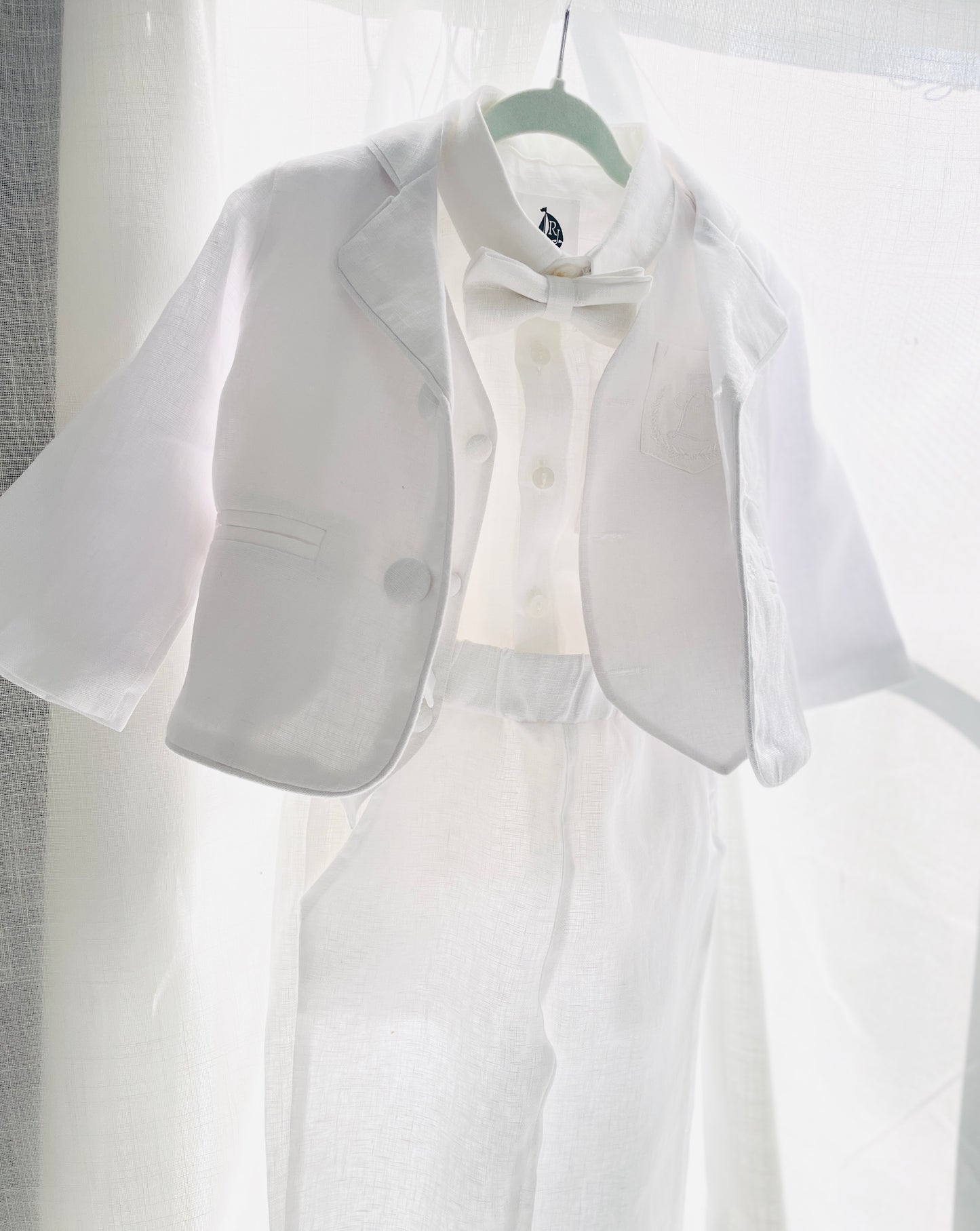 Baby and Toddler Boys white linen full length set with vest, shirt, pants, suspenders and bowtie