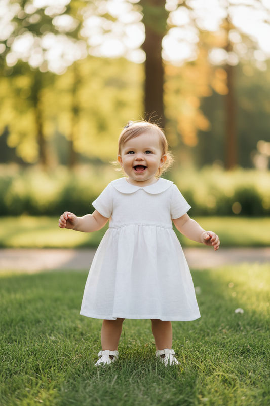 Pure Linen knee length Baptism Dress with embroidery and bloomers