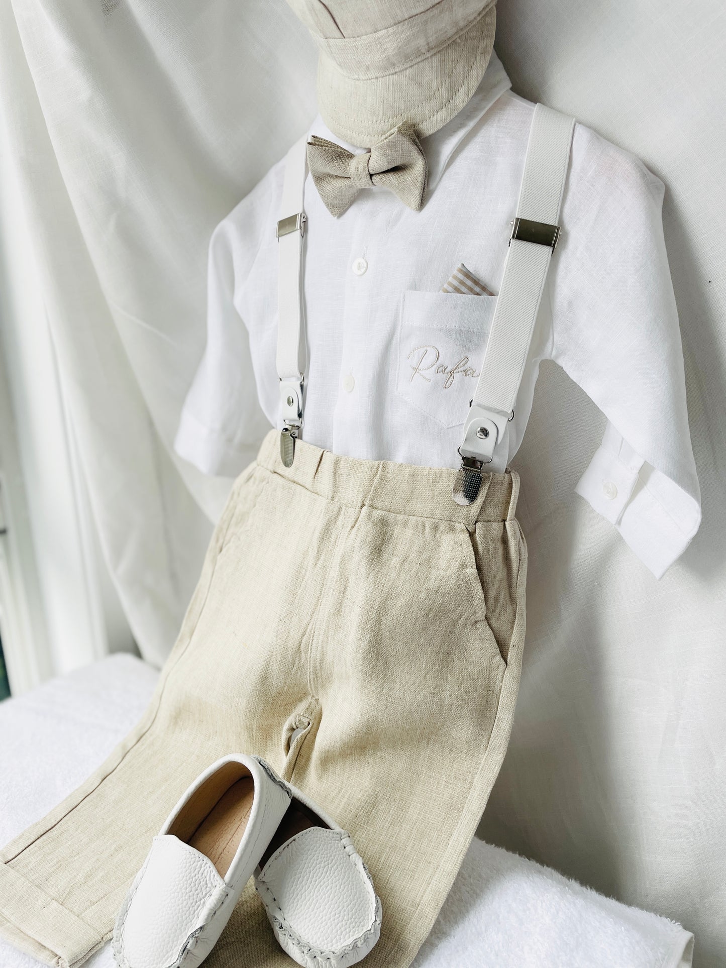 Beige linen pants and shirt set with bowtie and suspenders and optional personalisation