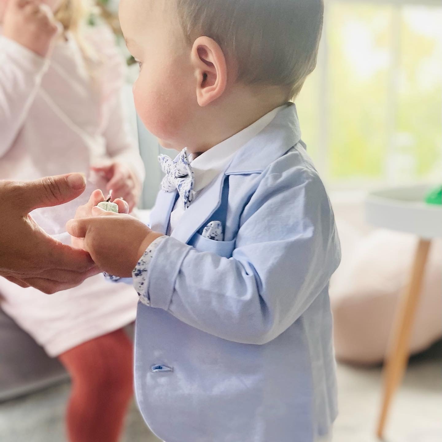 Boys white and blue linen summer baptism suit