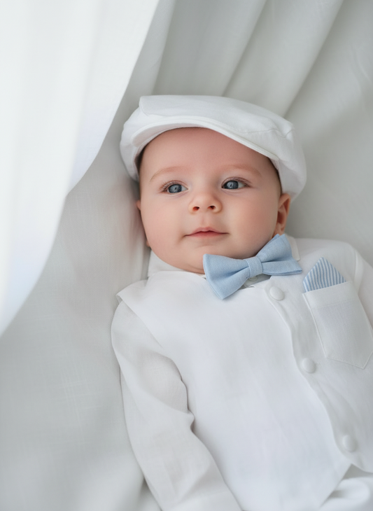 Baby and Toddler Boys white linen outfit with vest, shirt, pants, suspenders and bowtie plus optional blue blazer