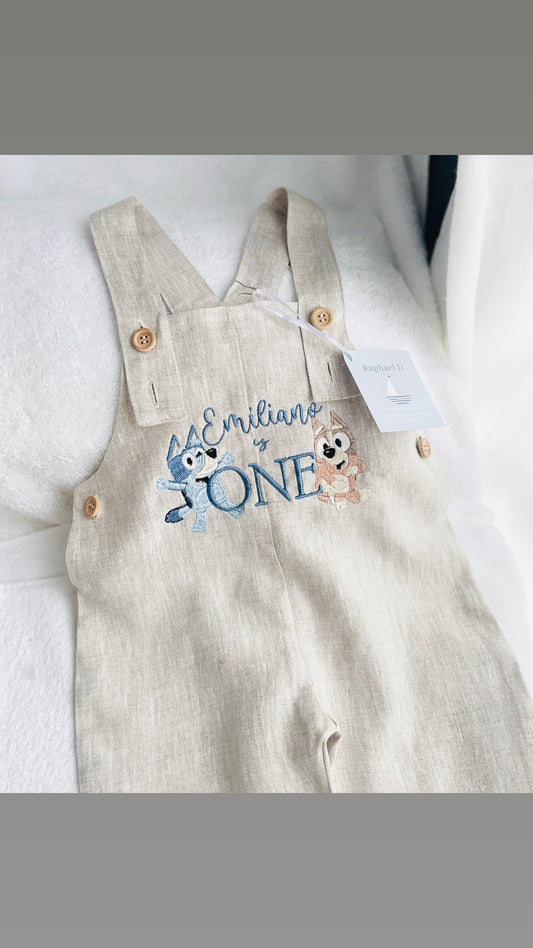 Boys Beige Linen Birthday overalls romper dungarees safari balloon fast car wild sea themes