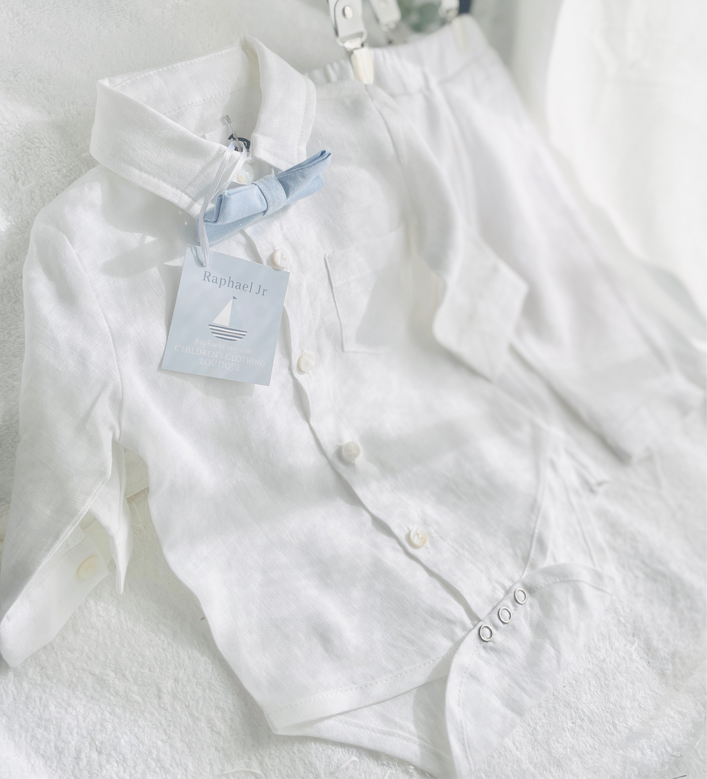 White linen Baptism suit set with pants, shirt, suspenders and bowtie plus optional extras