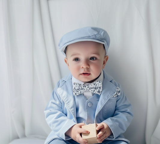 Boys Light blue suit with blue vest, shirt, bow tie and jacket and white linen suspender pants
